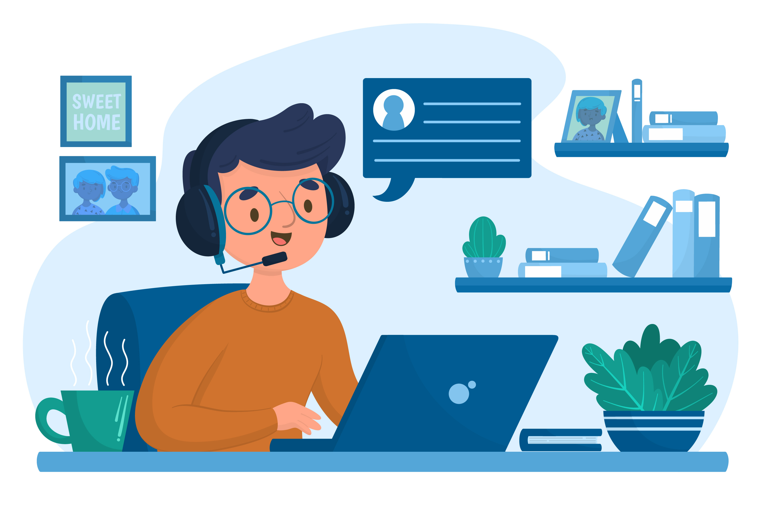 Illustration personne travaillant dans son bureau devant son ordinateur portable